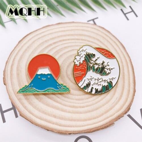 Cartoon cute round sea wave enamel brooch mount fuji mountain sun pins alloy badge clothes bag accessories woman jewelry gift