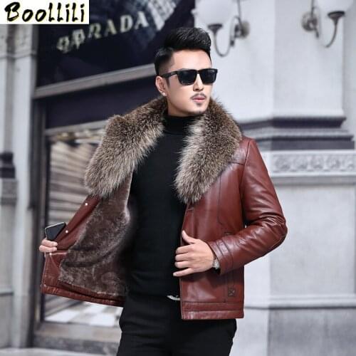 Boollili Genuine Leather Jacket Men Real Cow Leather Winter Coat Mink Collar Men Leather Jacket Wool Liner Fox Fur