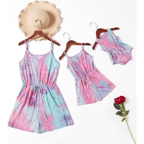 PatPat New Tie-dye Series Drawstring Waist Sling Rompers for Mommy and Me