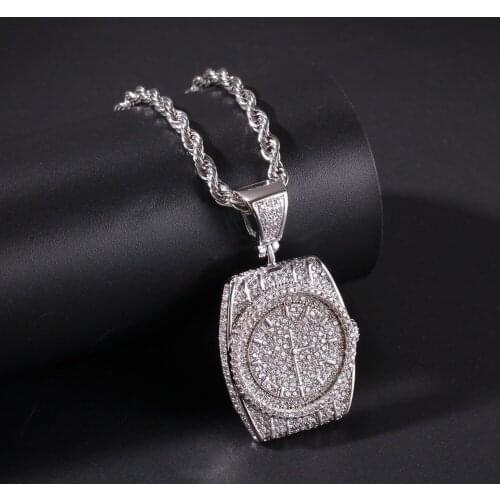 New Fashion Hip Hop Iced Out Bling Dial Watch Pendant Necklaces Pave Setting Zircon Fashion Charm Jewelry for Men and Women