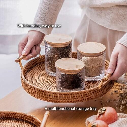 Rattan Handwoven Round Serving Tray Food Storage Plate with Wooden Handles Wicker Basket Wooden Tray for Fruit Tea Breadbasket