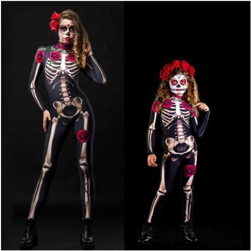 Skeleton Rose Sexy Women Halloween Devil Ghost Jumpsuit Party Carnival Performance Scary Costume Kids Baby Girl Day Of The Dead