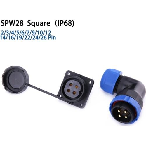 SP28 IP68 Elbow Four-hole Square socket waterproof aviation cable connector 2/3/4/5/6/7/9/10/12/14/16/19/22/24/26 Pin