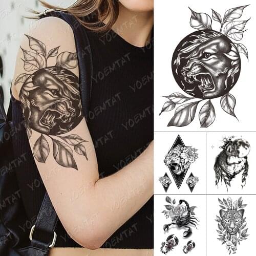 Waterproof Temporary Tattoo Stickers Wolf Tiger Moon Flower Black Flash Tattoos Female Sketch Body Art Feather Fake Tatoo Men