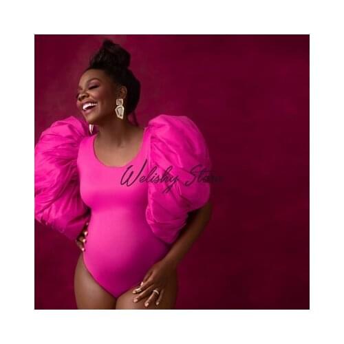 High End Hot Pink Maternity Dress 2021 For Women Photo Shoot Puffy Sleeve Bodysuit South Africa Style Plus Size Women Outfits