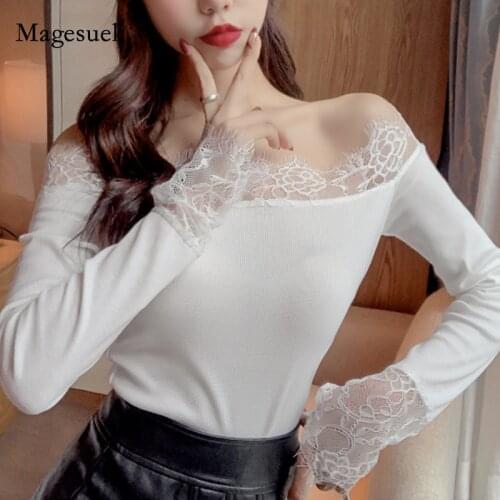 Sexy Strapless Lace Stitching Blouse Women 2021 Korean Spring New Long Sleeve Slash Neck T-shirt Female Slim Solid Top 13077