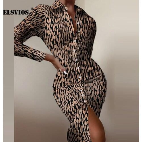 Autumn Womens Fashion Long Sleeves V Neck Printed Shirts Dress Slim Elegant Buttons Cardigan Office Lady Dresses Sexy Vestidos