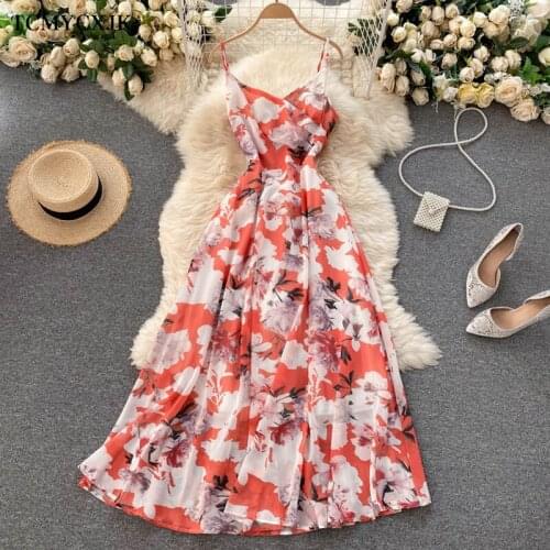 Summer Sundresses Women Beach Holiday Dress V-neck Pleated Long Printed Sling Sexy Dresses Women Bohemian Floral Chiffon Dress