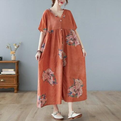 2021 New Fashion Women Dress Thin Soft Cotton Print Floral Vintage Summer Dress Single Breasted V-neck Travel Casual Long Dress