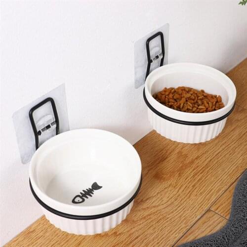 1 Set Wall-Mounted Cat Food Container Pet Ceramic Feeder Hanging Pet Bowl Hanging Fixed Cat Bowl (White Bowl + Wall Shelf)