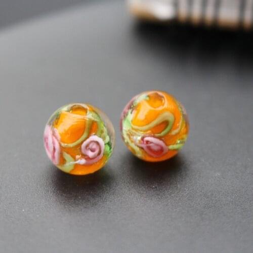 10Pcs 12mm Handmade Glass lampwork beads Flower with Green leaf Orange Color for jewelry making Wholesale and Retail