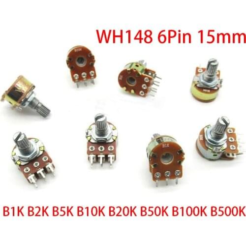 2pcs B1K B2K B5K B10K B20K B50K B100K B250K B500K B1M WH148 6Pin 15mm Potentiometer 1K 2K 5K 10K 20K 50K 100K 250K 500K 1M