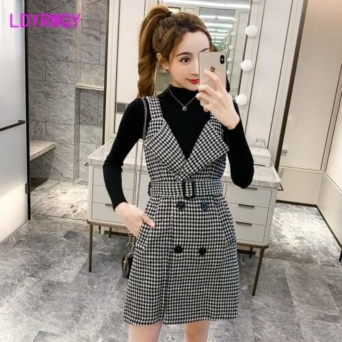 2020 autumn and winter new houndstooth fashion suit Button Turn-down Collar Regular Knee-Length Double Breasted