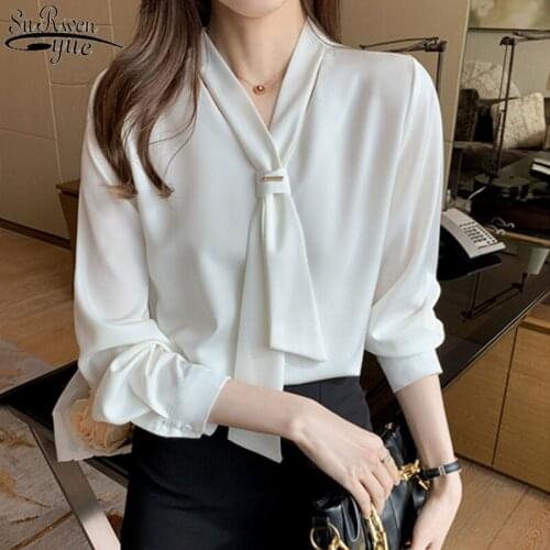 2021 Spring New Chiffon Women Blouse Fashion Office Lady Long Sleeve Solid Women Shirt with Tie V Neck Loose Top Female 13022