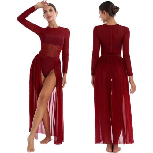 2021 Women Long Sleeve Asymmetrical Chiffon Lyrical Dance Costumes Adult Stretchy Ballet Tutu Gymnastics Leotard Dance Dress