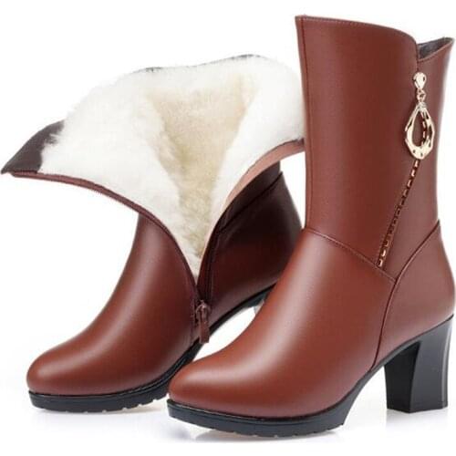 New Elegant Fashion Women Boots Shoes Winter Inside Plush / Wool Warm Snow Boots Non-slip High Heel Boots Genuine Leather Boots