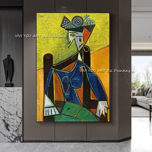 Abstract 100% Handmade Famous Picasso Woman Figure Oil Painting Yellow Canvas Wall Poster Living Room Home Decoration Picture