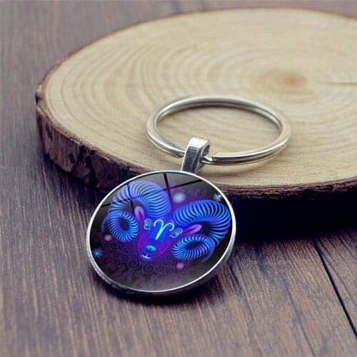 Zodiac Sign Key Rings 12 Constellation Leo Virgo Key Chains Glass Cabochon Pendant Keychain Bag Accessories Birthday Gift