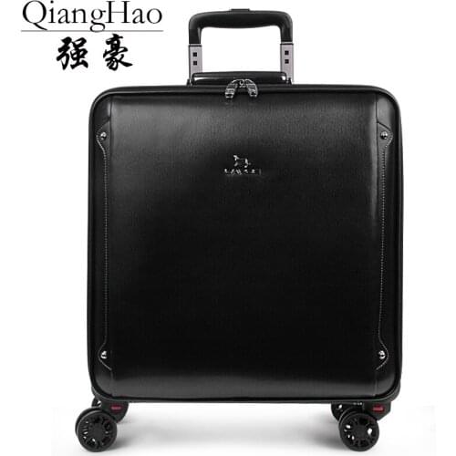 QiangHao brand 16"20" inch 100% cow leather suitcase cabin black trolley genuine leather hand luggage