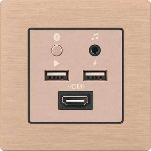 FIKO Hotel embedded wall concealed type 86 Champagne gold aluminum panel two USB with HDMI with 3.5 audio with bluetooth socket