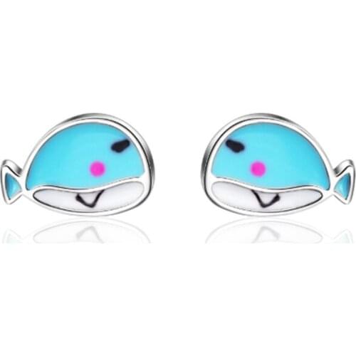 Blue small whale drop glaze design senses small fresh and lovely sweet personality silver plated stud earrings WE063