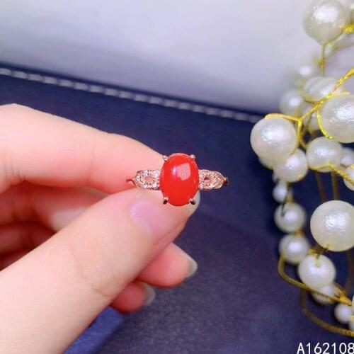Fine Jewelry 925 Sterling Silver Inset With Gemstone Womens Luxury Exquisite Oval Red Coral Adjustable Ring Support Detection