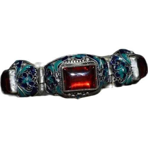 Chinese Old Craft Made Old Tibetan Silver Inlaid Zircon Bracelet