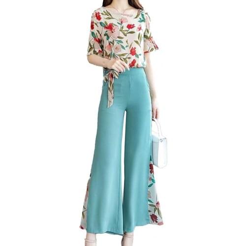2pc Set Ladies Casual O-neck Flower Print Ruffle Sleeve Top Straight Wide Leg Pants Office Leisure Outfit Two Piece for Summer