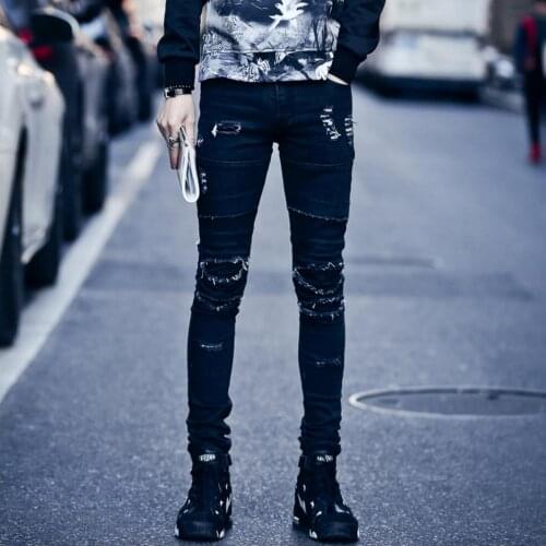 Korean Spring Tide Men Slim Casual Fashion Feet Pants Hole Jeans Trousers Personality Nightclub Ripped Jeans Singer Costumes