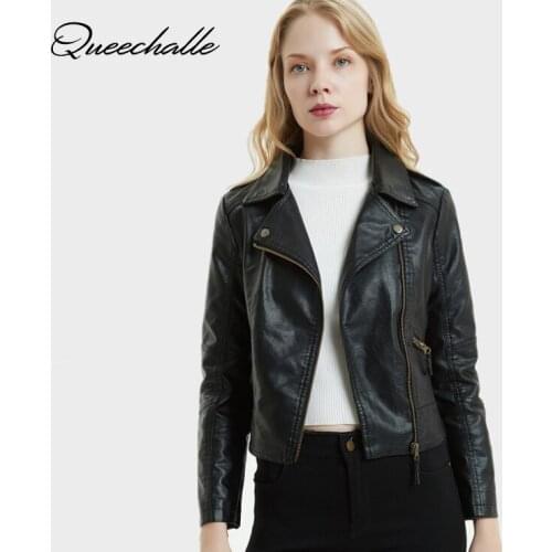 Queechalle Motorcycle Coats Female Jacket Turn-down Collar Pu Leather Jacket Autumn Winter Womens Jacket Short Slim Outerwear