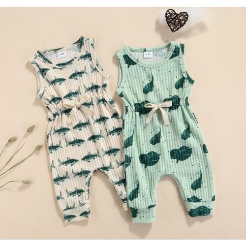 FOCUSNORM 0-18M Summer Baby Girls Boys Jumpsuits 2 Colors Cartoon Animal Printed Sleeveless Elastic Rompers