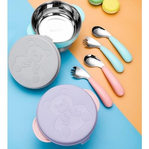Baby Feeding Bowl with Spoon Stainless Steel Dinnerware Sets for Kids Boys Girls Dining Tableware Toddler Training Tools