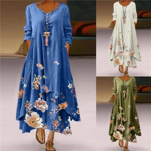 2021 Fashion Women Floral Print Dress Summer Casual O Neck Long Sleeve Irregular Long Dress Female Elegant Party Maxi Dresses
