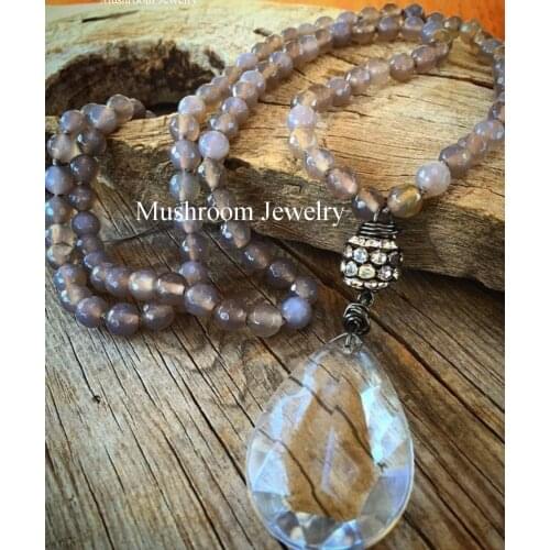 Fashion Bohemian Jewelry Gray Agates Gun Plated Chain Glass Crystal Pendant Necklaces