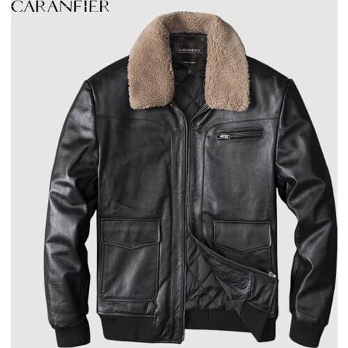 CARANFIER Mens Real Cow Leather Flight Jacket Male Moto Biker Genuine Cowhide Fur Lapel Collar Coats Men Air Force Outerwear