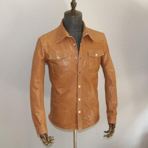 2020 mens genuine leather shirt Vegetable tanning freckle sheepskin leather jacket men slim fit thin leather shirt with pockets