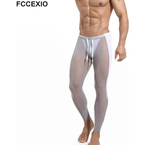 FCCEXIO Men Sexy Mesh Tights Running Sports Leggings Long Pants Fitness Men Cycling Nylon Compression Skinny Leggings