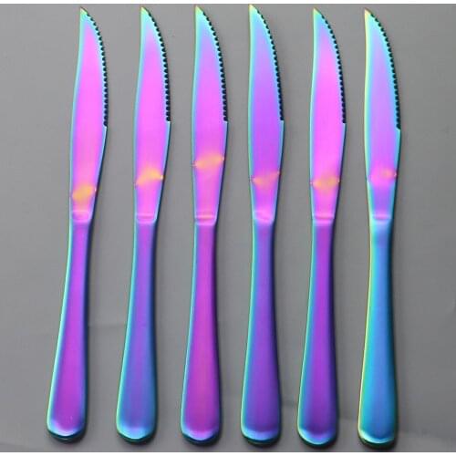 6Pcs Rainbow Wenstern Steak Knife Cutlery Set 18/10 Stainless Steel Dinnerware Set Knifes Fork Spoon Kitchen Dinner Flatware Set
