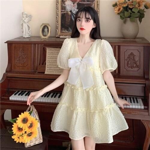 New French Sweet Lolita Dress Women Elegant Chic Bow Puff Sleeve Fairy Mini Dress Female Kawaii V-Neck Holiday Beach Party Dress