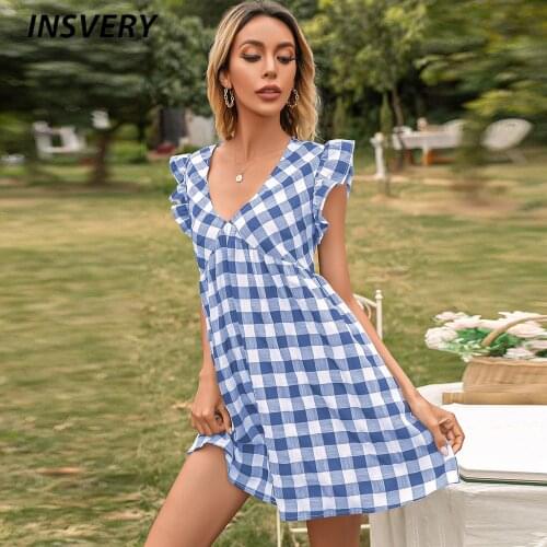 Womens Plaid Flying Sleeves V-Neck Waist Dress Women Fashion A-Line Loose High Waist Female Dress Femme Robe 2021 Summer