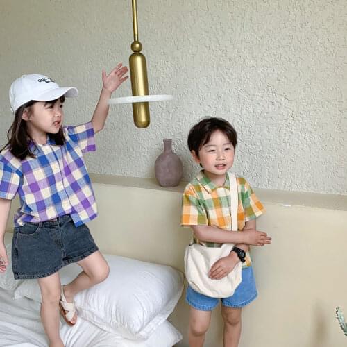 2021 New Summer Baby Girls Boys Plaid Shirts Korean Stylish Turn-down Collar Plaid Short Sleeve Kids Blouse Children Clothes 1-8