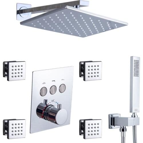 Thermostatic Bathroom Shower Faucet Set Push Button Valve 12X8 Inch Rectangular LED Rain Shower Head Body Message Jets Wall Moun