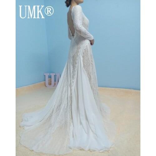 UMK Sexy Backless Beach Wedding Dress 2020 Lace Long Sleeve Bohemia Bridal Gowns Romantic Chiffon Boho Vestido De Noiva
