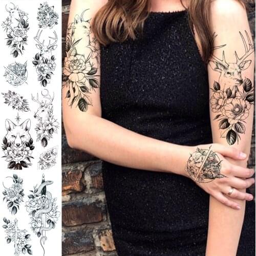 Elk Cat Flower Temporary Tattoos For Women Adults Fake Cross Sword Wolf Snake Tiger Tattoo Sticker Black DIY Tatoos Long Lasting