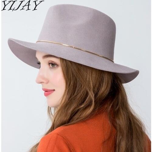 High Quality Unisex Jazz Hat Solid Color Gold Hoop Belt Wool Felt Fedoras Hats For Women Men