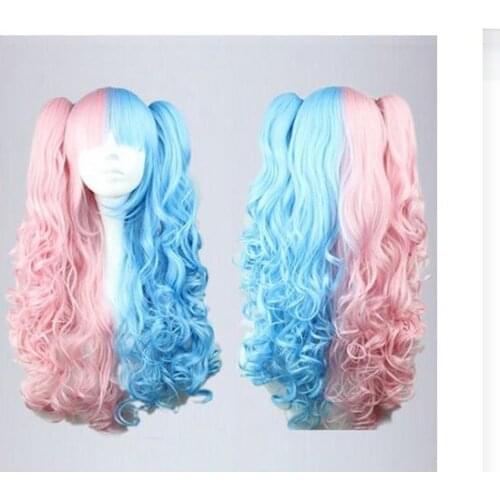 Zhaoxia++01329@Q8@Synthetic Long Curly Pink Mixed Blue Anime Cosplay Costume Wig Two Ponytails