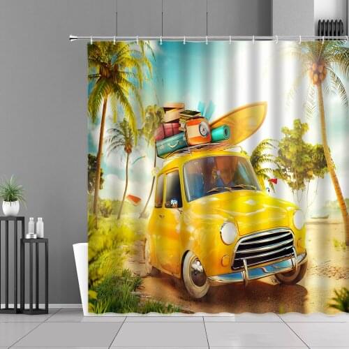 Yellow Travel Car Beach Coconut Tree Seascape Shower Curtain Starfish Shell Ship Blue Sea Scenery Home Decor Waterproof Curtains