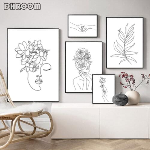 Female Line Art Black and White Prints Gallery Wall Minimalist Canvas Painting Flower Head Wall Art Poster Picture Bedroom Decor