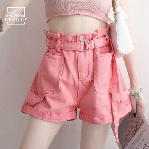 Womens Jeans Shorts 2021 Summer New Style Wide Legged High Waist Pink Loose A Line Shorts Women Tied Belts Were Thin Waist