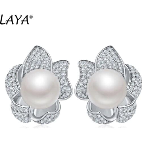 Laya Natural Pearl Earrings For Women Pure 925 Sterling Silver High Quality Clear Cube Zirconia Stud Earrings Luxury Jewelry